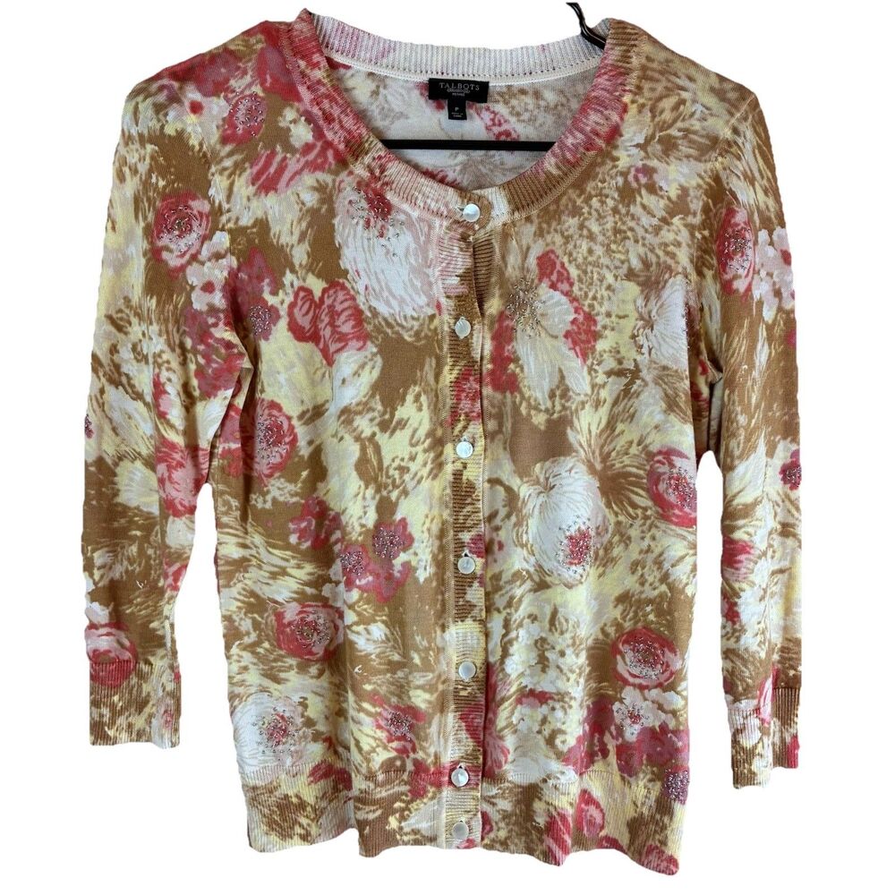 Talbots Petite Beige Rose Jeweled Cardigan Light Sweater Size P